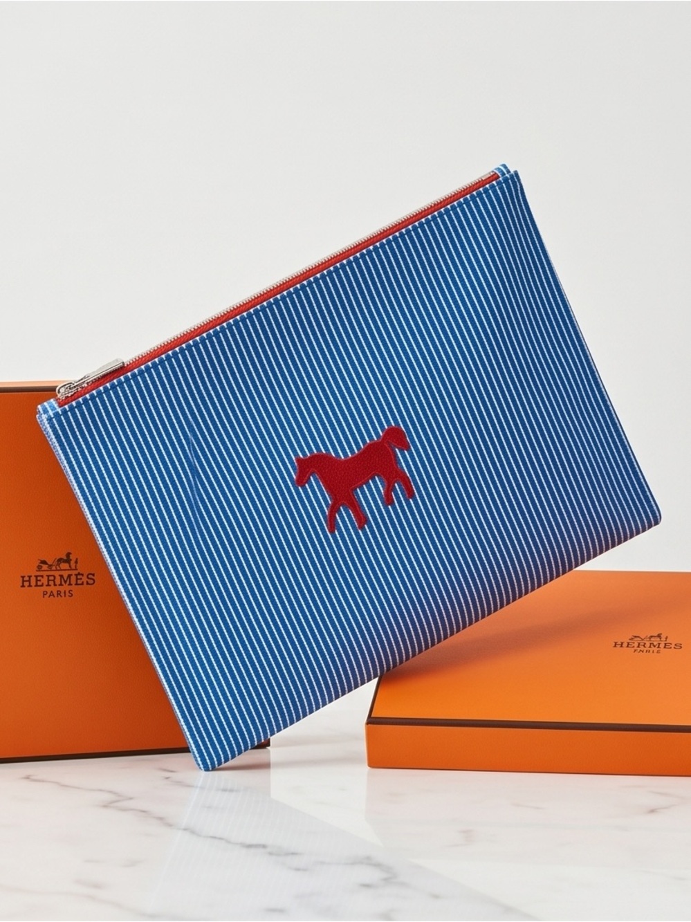 HERMES Blue & Red Striped Canvas Pouch